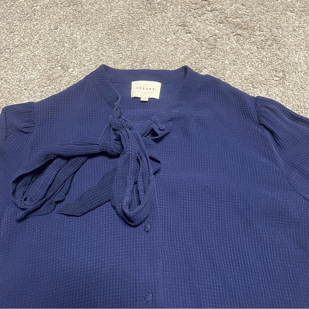 Sezane Navy Blue Bow-Tie Blouse - Picture 2 of 5